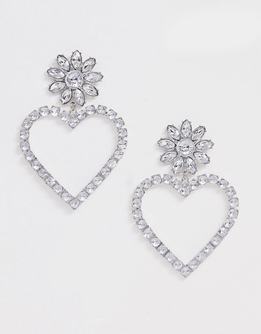 ASOS DESIGN - Oorbellen met kristallen open hartvormige hanger in zilver kleur