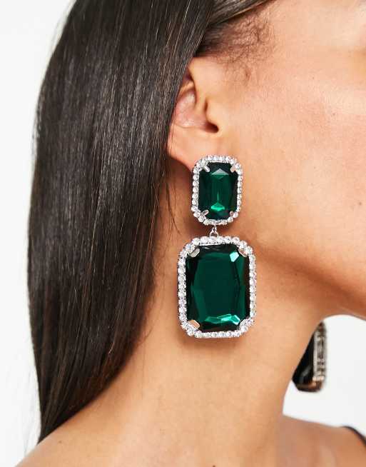 ASOS DESIGN - Oorhangers in zilver met oversized smaragdgroene kristallen