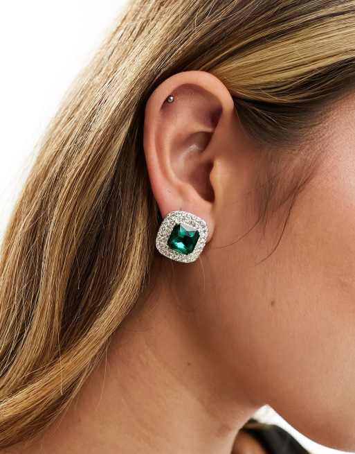 ASOS DESIGN - Oorknopjes kristallen en smaragdlook in zilverkleur