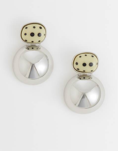 ASOS DESIGN oorknopjes met dubbele druppel en faux dalmatian stone in zilverkleur - view 1