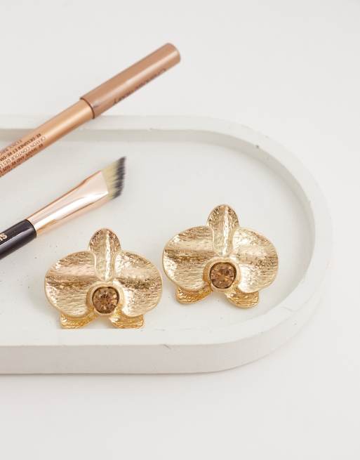 ASOS DESIGN - Oorknopjes met orchidee-ontwerp en ambersteen in goudkleur, 2 van 4