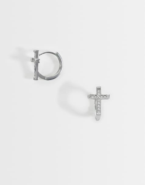 ASOS DESIGN - Oorringen met kruisje met zirkonia steentjes in zilver - view 1