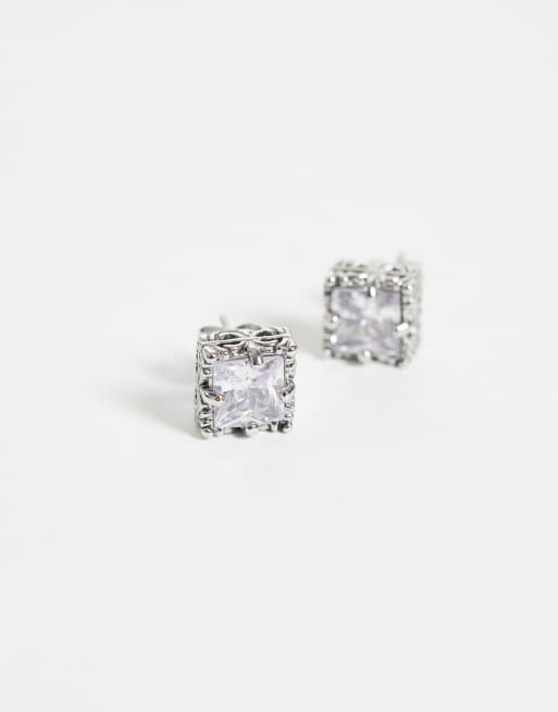 ASOS DESIGN oorstekers met vierkante kristalstenen rand in zilver, 3 van 4