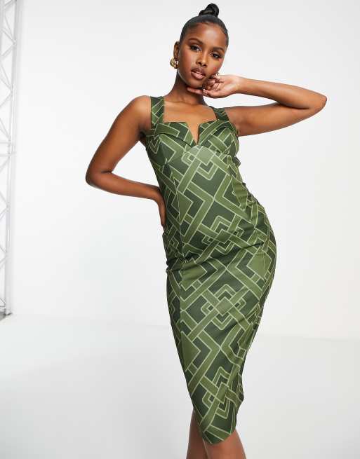 ASOS DESIGN – Ołówkowa sukienka midi w geometryczny wzór w kolorze khaki