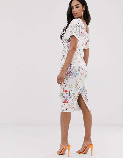 ASOS DESIGN – Ołówkowa sukienka midi w kwiaty z obniżoną linią ramion i  wiązaniem | ASOS