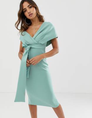 ASOS DESIGN - Ołówkowa sukienka midi z obniżoną linią ramion i wiązaniem |  ASOS