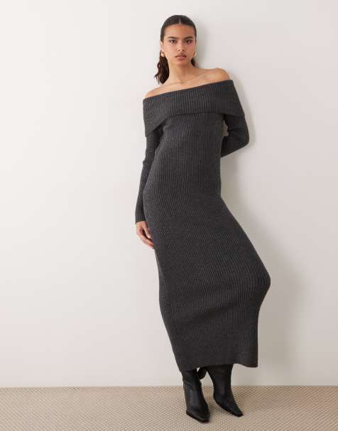 ASOS DESIGN open back bardot knitted midaxi dress in charcoal - view 1