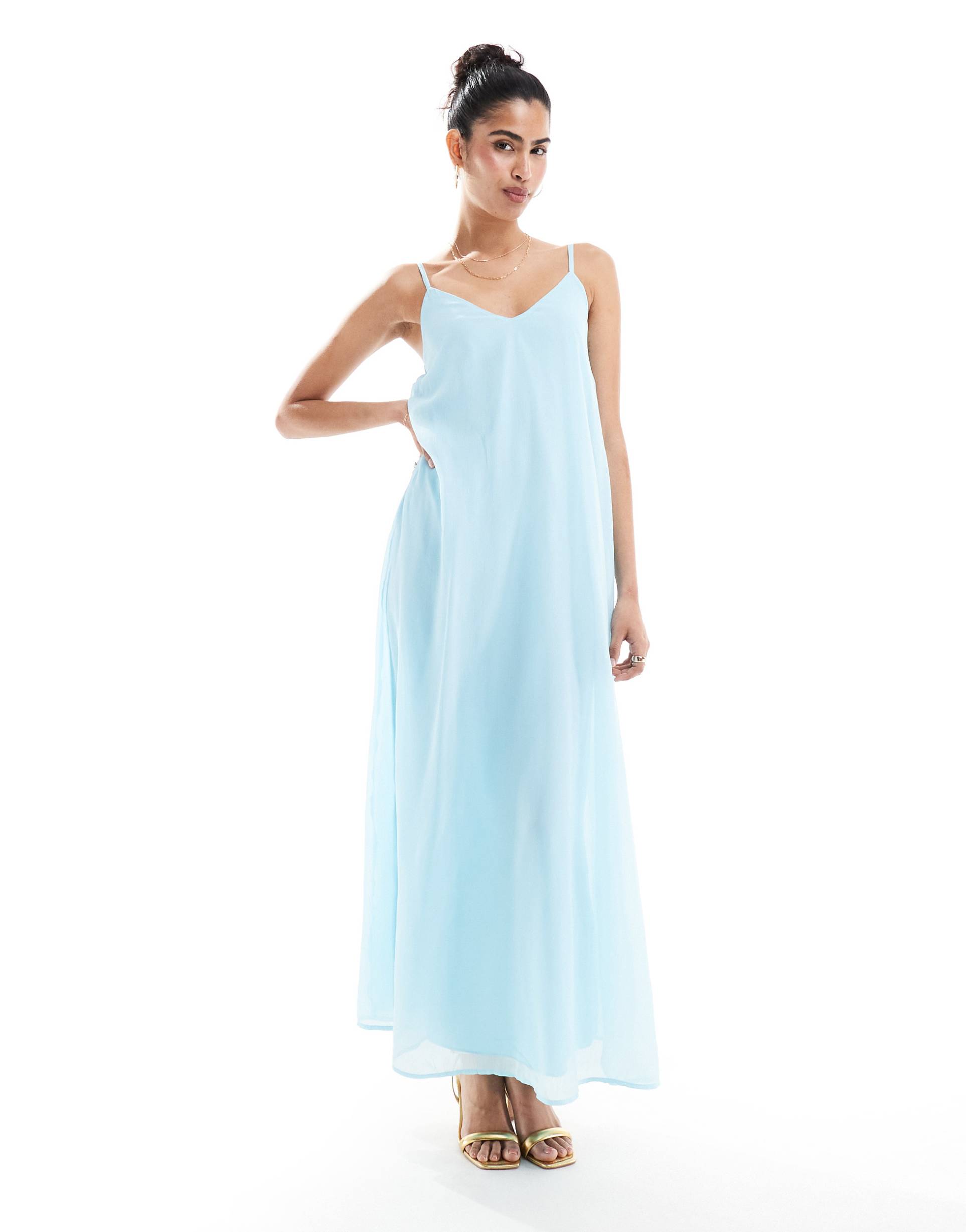 asos design open back cami trapeze maxi dress in pastel blue