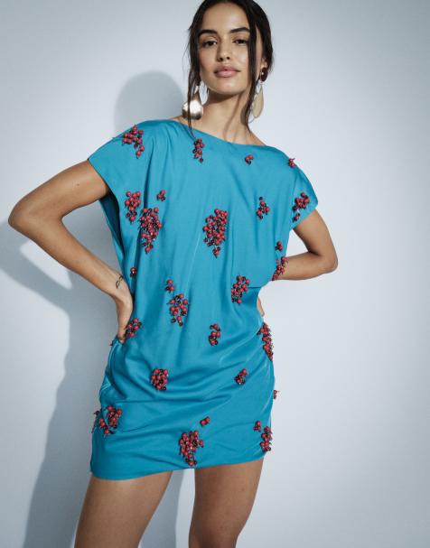 ASOS DESIGN open back cluster embellished mini T-shirt dress in blue - view 1