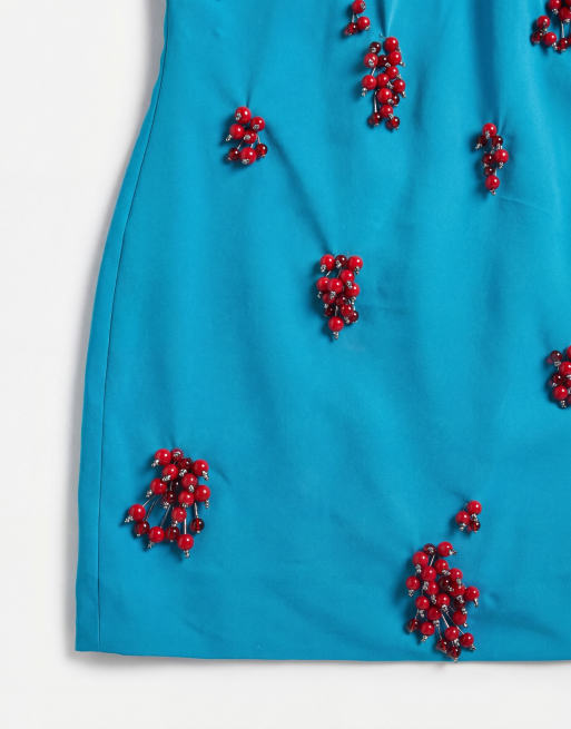 ASOS DESIGN open back cluster embellished mini T-shirt dress in turquoise, 10 of 10