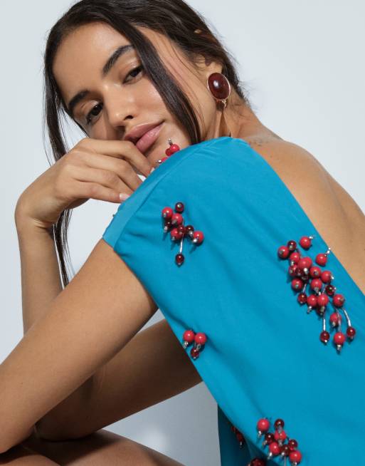 ASOS DESIGN open back cluster embellished mini T-shirt dress in turquoise, 5 of 10