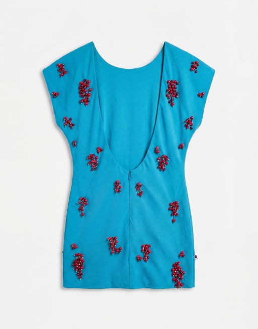ASOS DESIGN open back cluster embellished mini T-shirt dress in turquoise, 8 of 10