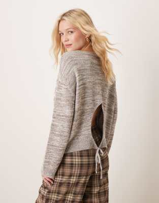 Asos Design Open Back Crew Neck Knit Sweater With Twisted Yarn In Brown-green
