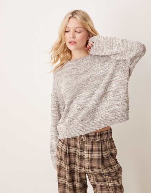 ASOS DESIGN open back crew neck knit sweater with twisted yarn in brown 