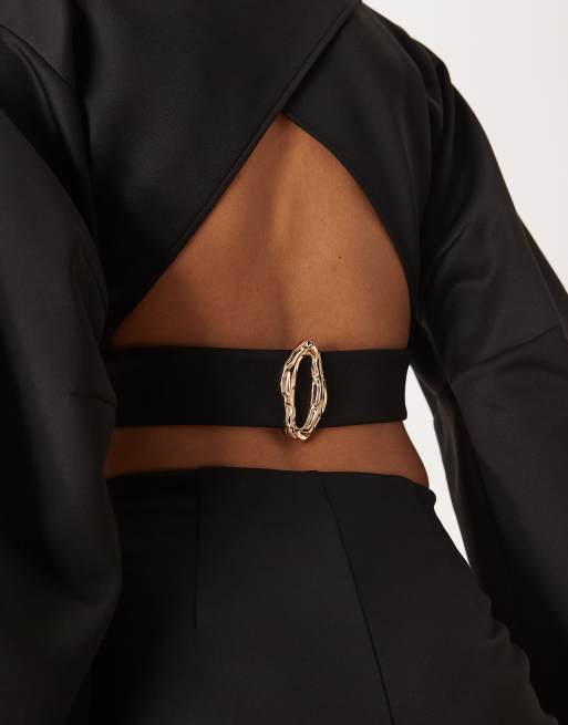 ASOS DESIGN open back crop top with volume sleeves in black in scuba-style fabric - part of a set, 4 of 4