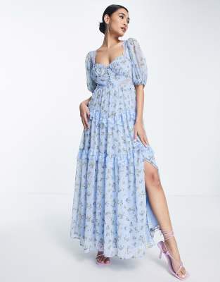 Asos Design Open Back Lace Insert Midi Tea Dress In Blue Ditsy