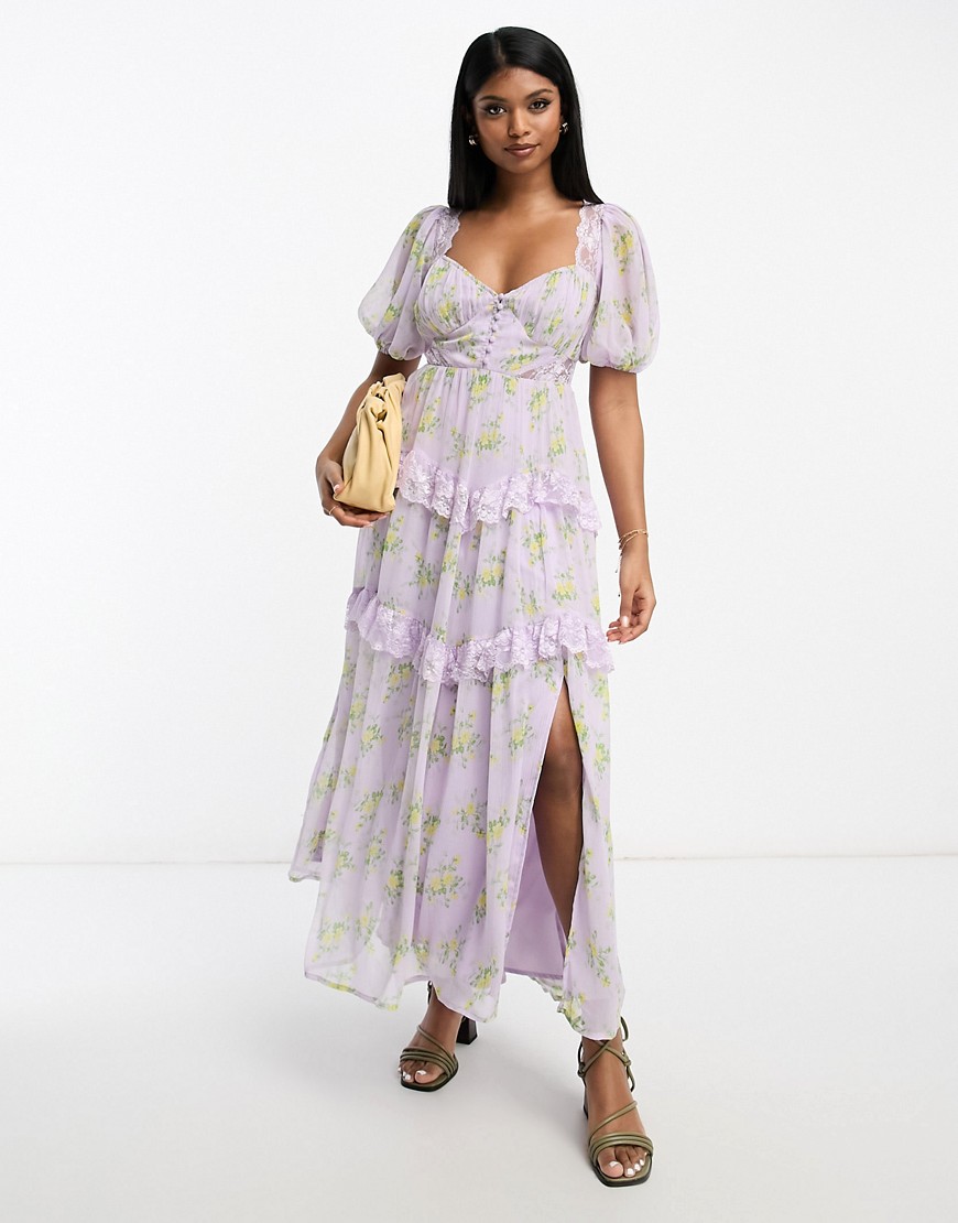 ASOS DESIGN open back lace insert midi tea dress in lilac ditsy floral-Multi