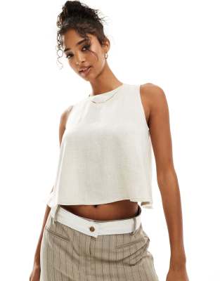 Asos Design Open Back Linen Look Top In Stone-neutral