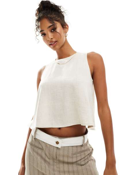 ASOS DESIGN open back linen look top in stone - view 1