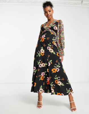 Asos Design Open Back Midi Tea Dress In Mixed Floral Prints-multi