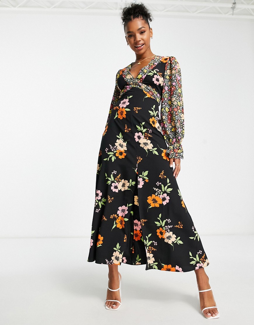 ASOS DESIGN open back midi tea dress in mixed floral prints-Multi