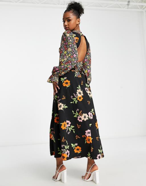 ASOS DESIGN open back midi tea dress in mixed floral prints 