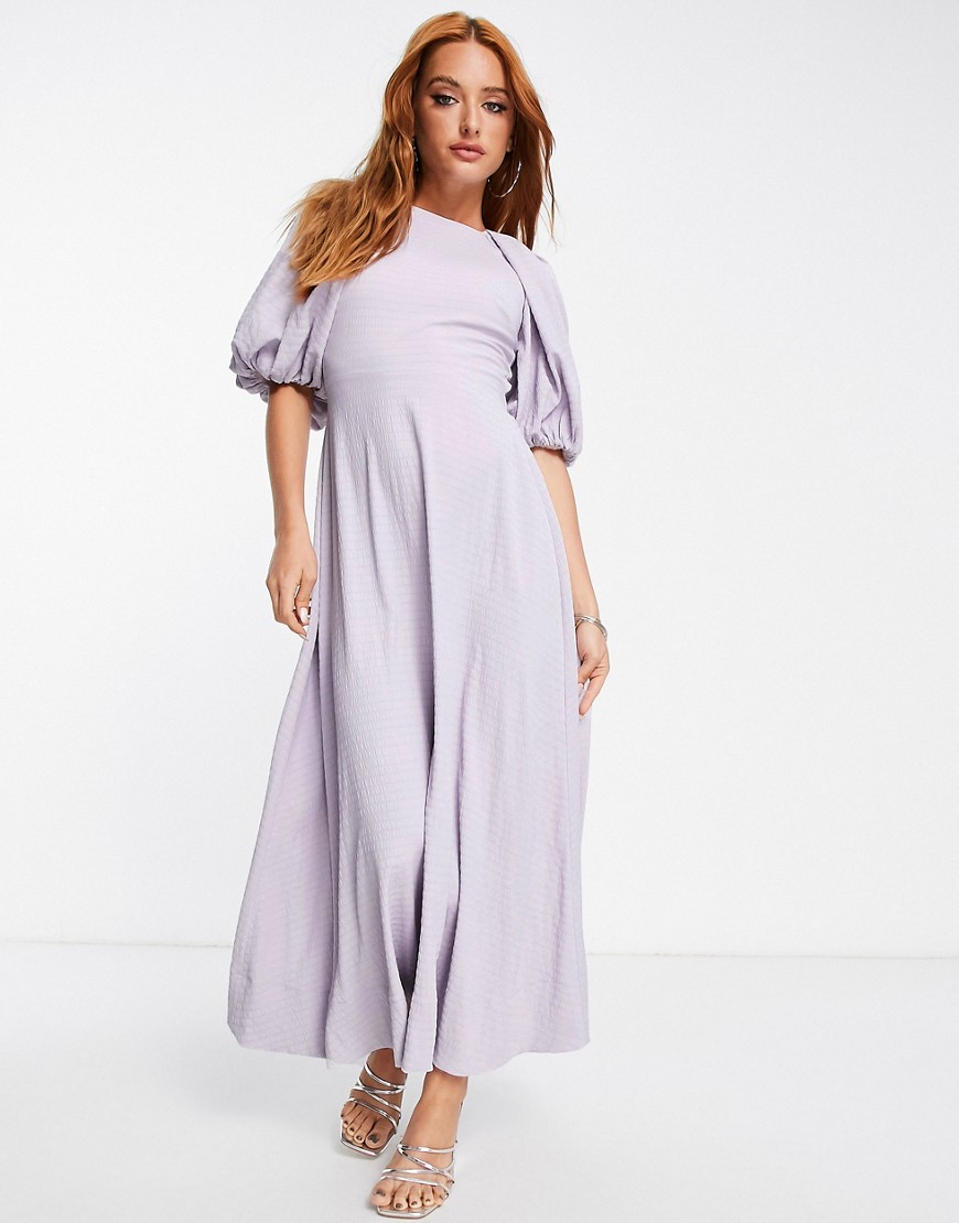 Asos Design Open Back Puff Sleeve Maxi Dress In Lilac Texture-purple