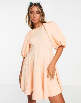 Asos Design Open Back Puff Sleeve Mini Dress In Apricot Texture-orange