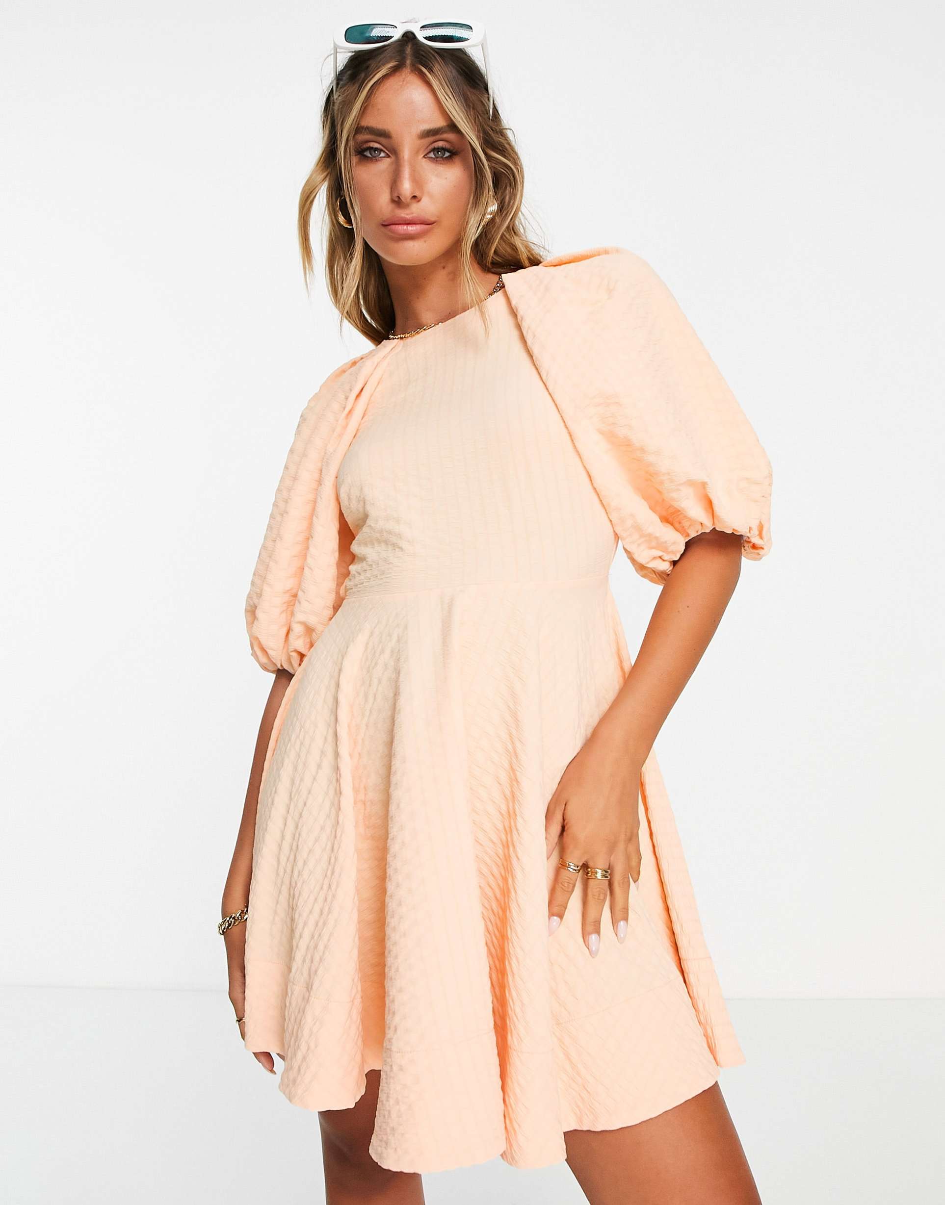 asos design open back puff sleeve mini dress in apricot texture