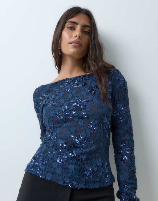 ASOS DESIGN open back sequin lace long sleeve top in royal blue, 3 of 5