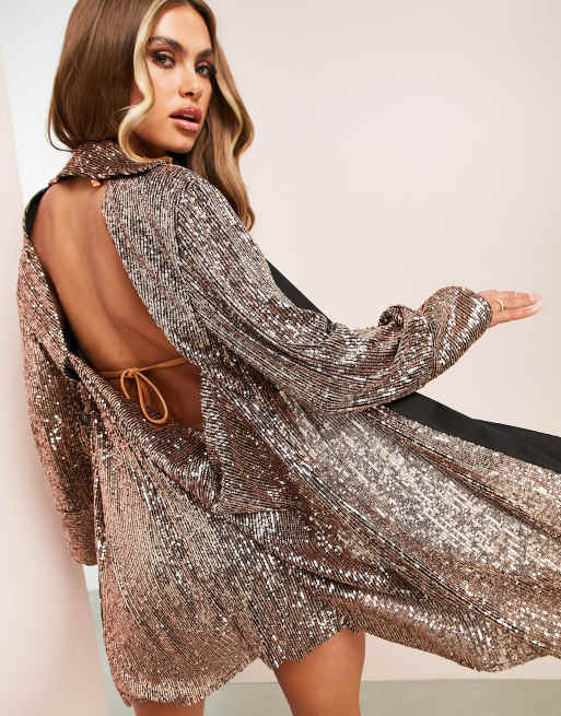 ASOS DESIGN open back sequin shirt in copper | ASOS