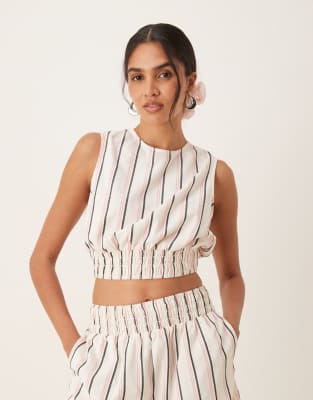[ASOS DESIGN] ASOS DESIGN open back shirred top in pink stripe (part of a set)-Multi M Pink Stripe