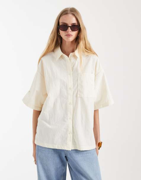 ASOS DESIGN open back shirt in techy fabric co-ord in cream - view 1