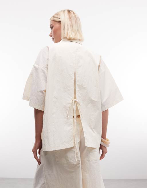 ASOS DESIGN open back shirt in techy fabric in cream (part of a set), 2 of 4