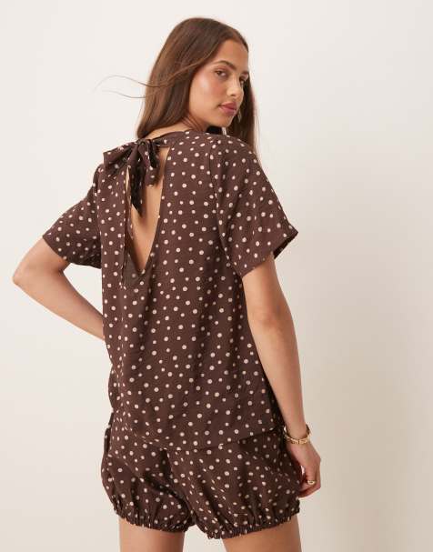 ASOS DESIGN open back tie top co-ord in brown spot print