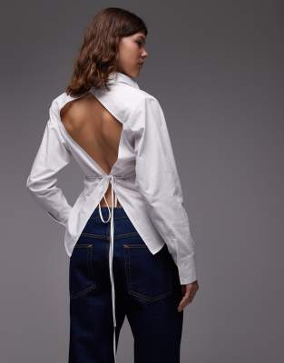 Asos Design Open Back Tie Waist Shirt In White