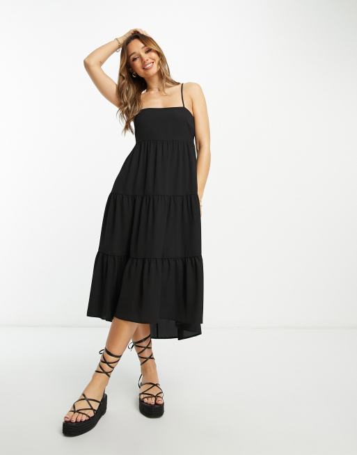 ASOS DESIGN open back tiered hi low hem maxi dress in black | ASOS