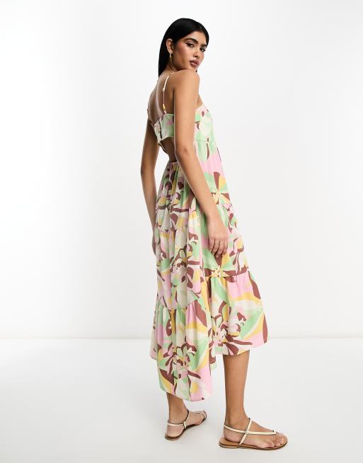 ASOS DESIGN open back tiered hi low hem maxi dress in brown floral