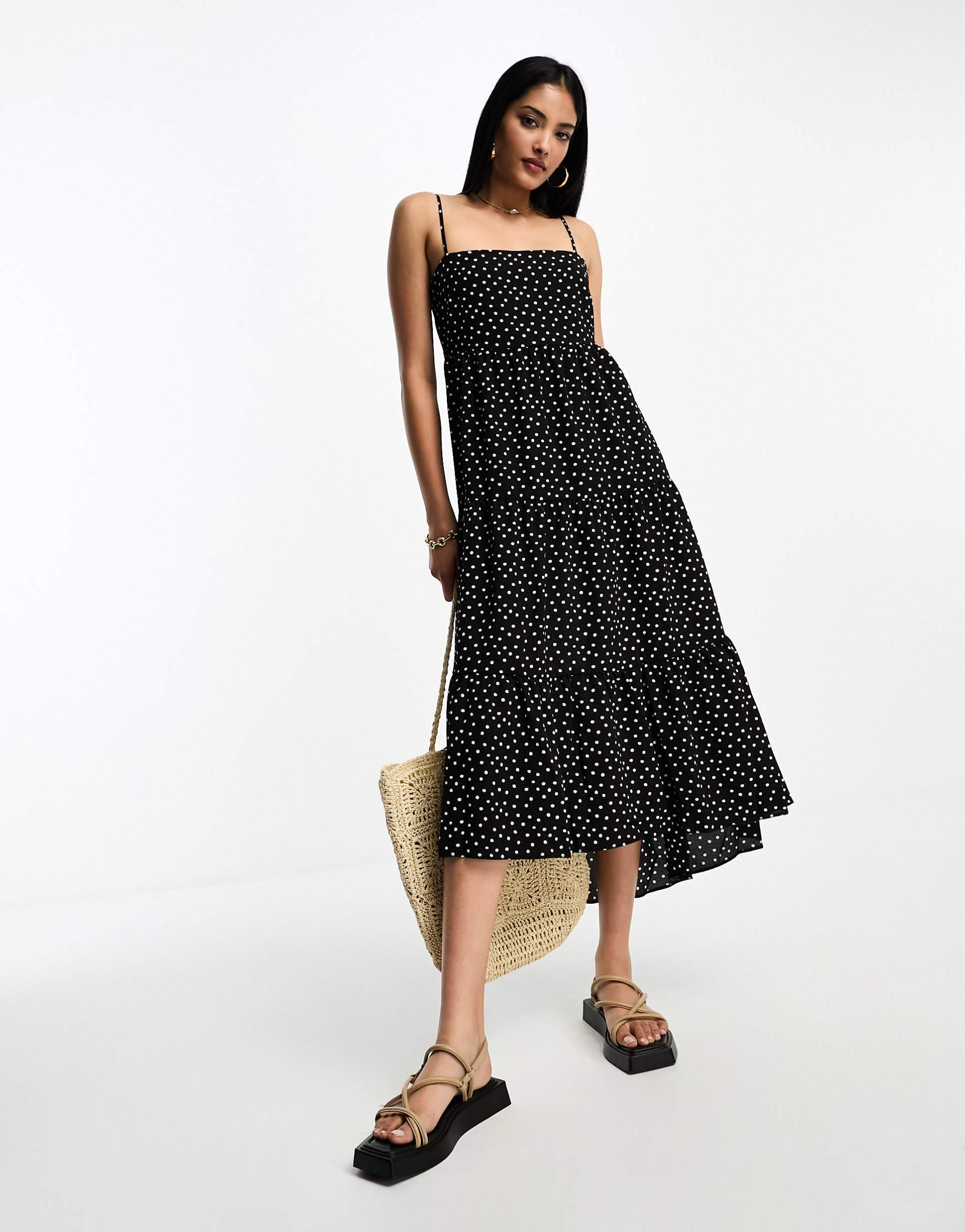 asos design open back tiered hi low hem maxi dress in mono spot