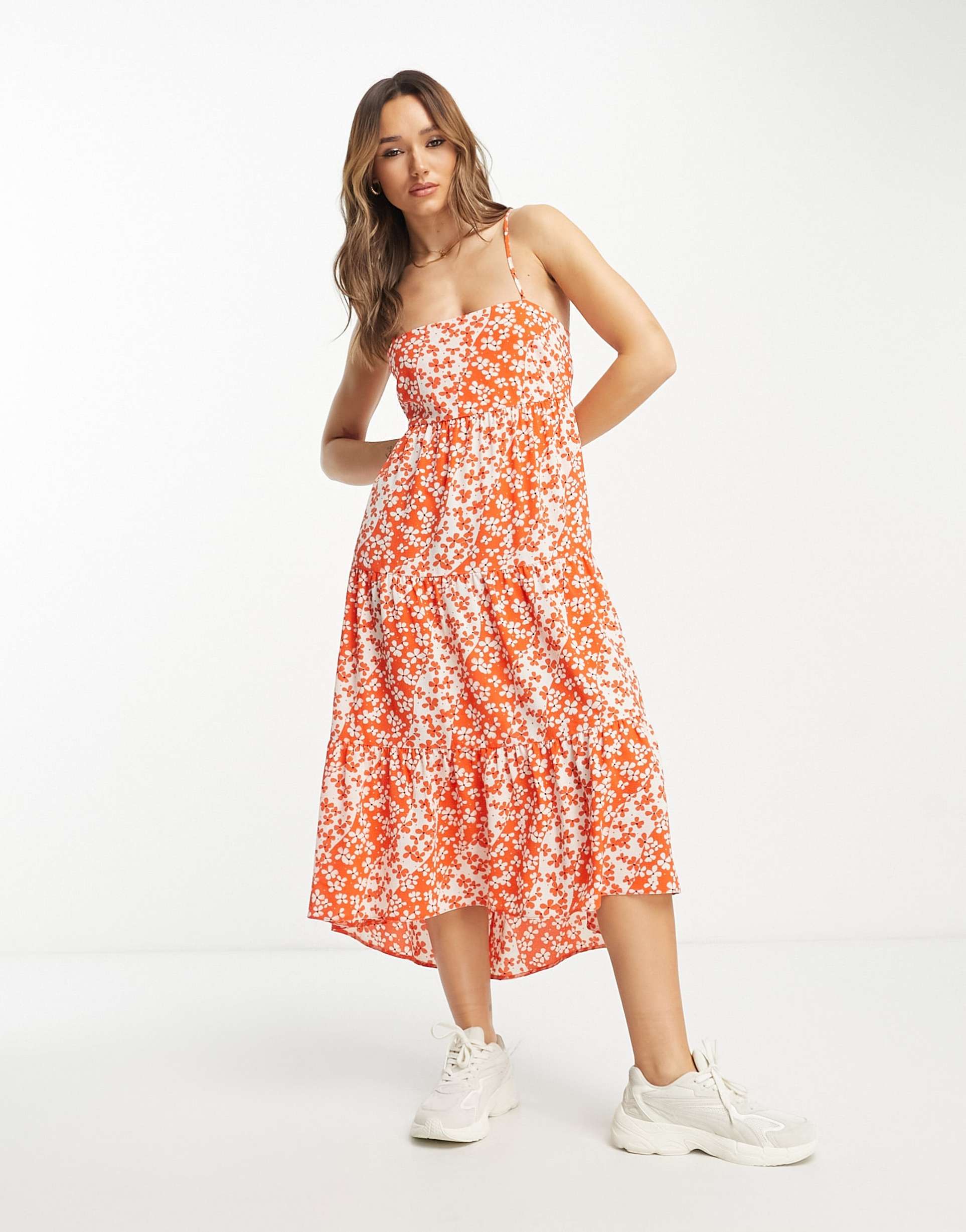 asos design open back tiered hi low hem maxi dress in red floral print