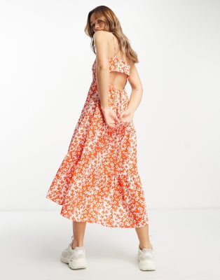 asos design open back tiered hi low hem maxi dress in red floral print