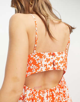 asos design open back tiered hi low hem maxi dress in red floral print