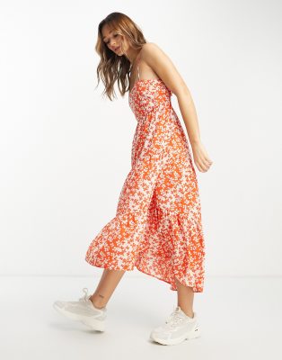 asos design open back tiered hi low hem maxi dress in red floral print