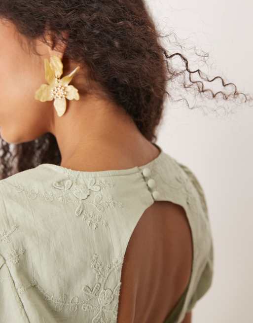 ASOS DESIGN open back top with 3D floral embroidery in green - part of a set, 4 of 4