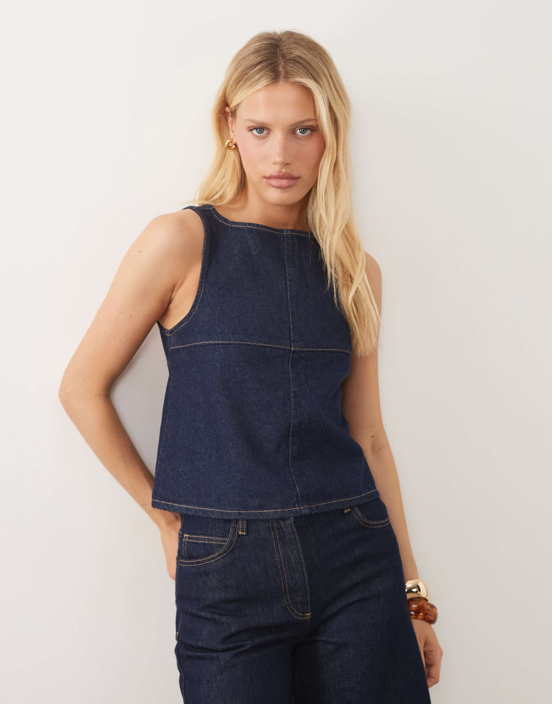 asos design open back trapeze denim top in midwash blue