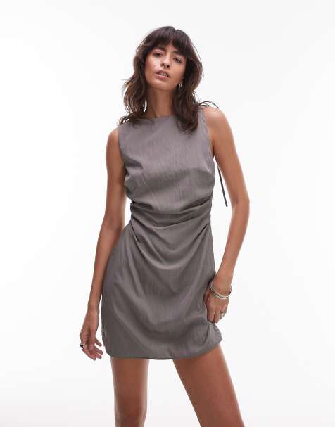 ASOS DESIGN open back tucked waist detail mini dress in grey - view 1