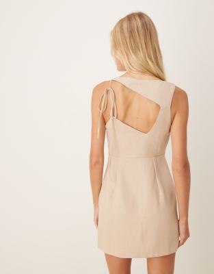 Asos Design Open Back Tucked Waist Detail Mini Dress In Neutral