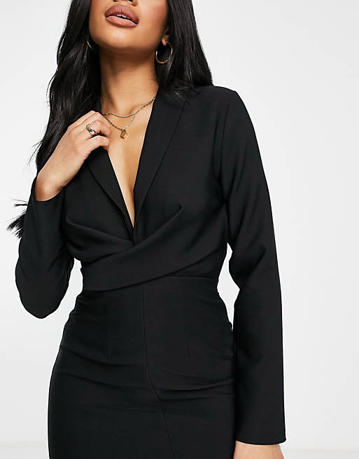 Women open back tux mini dress in black 