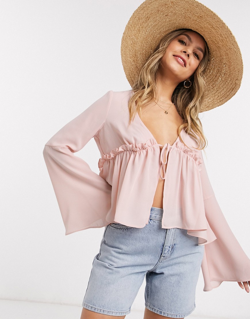 ASOS DESIGN open blouse with ruffle front in Blush-Pink