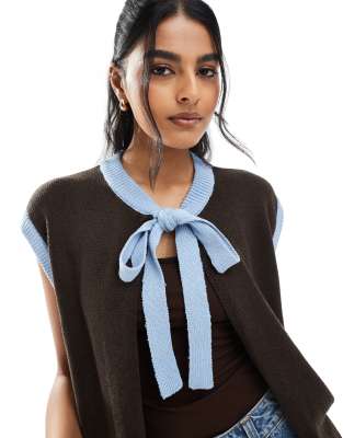 Asos Design Open Cardigan With Bow Tie Neck In Brown